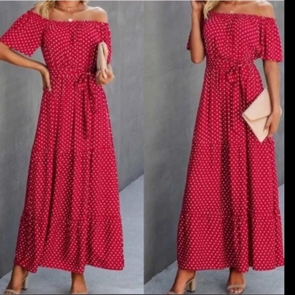 Boho polka dot off shoulder belted maxi dress - Picture 6 of 16